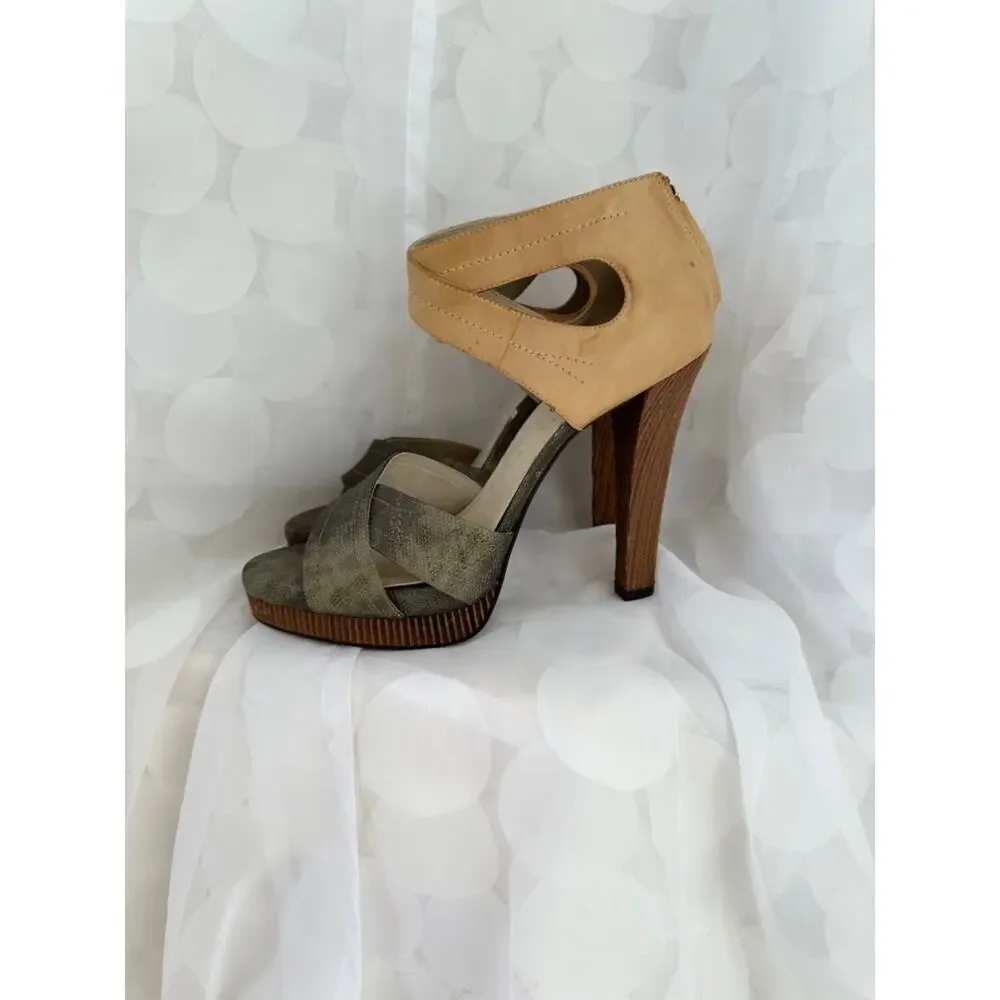 Elizabeth & James 10 Strappy Wood HIGH heels leather Gray Reptile ankle strap